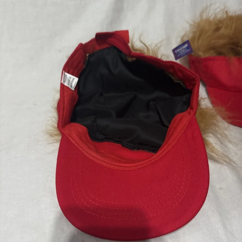 Lot Of 2 President Donald TRUMP Red Trumpy Visor Hat w/Gold Hair Golf Cap Wig